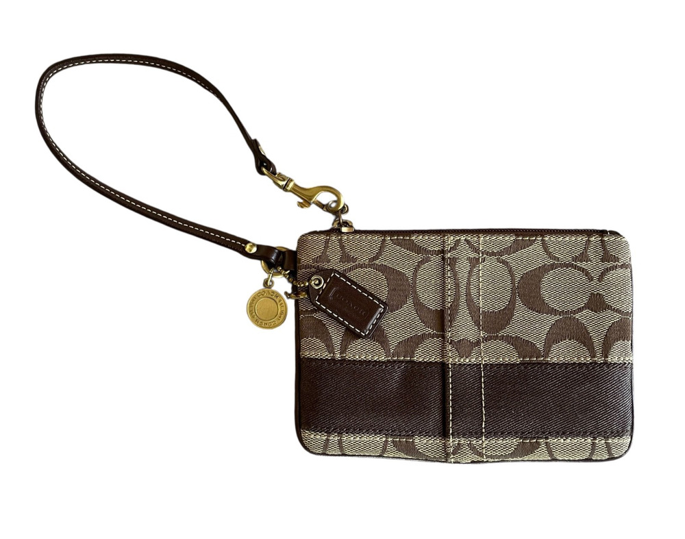COACH Brown Legacy Stripe Creed Signature C Top Zip Gold Coin Hang Tag Wristlet